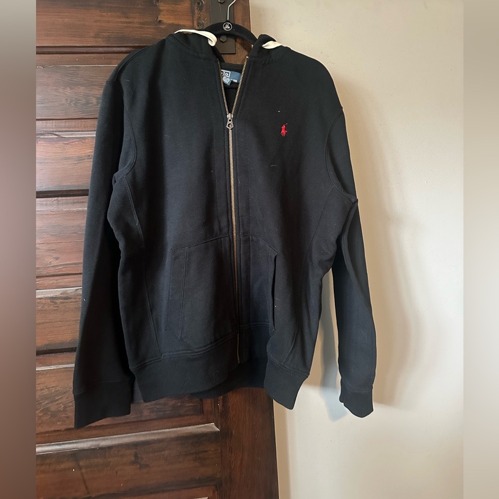 Black Zip-Up Hoodie with Red Logo